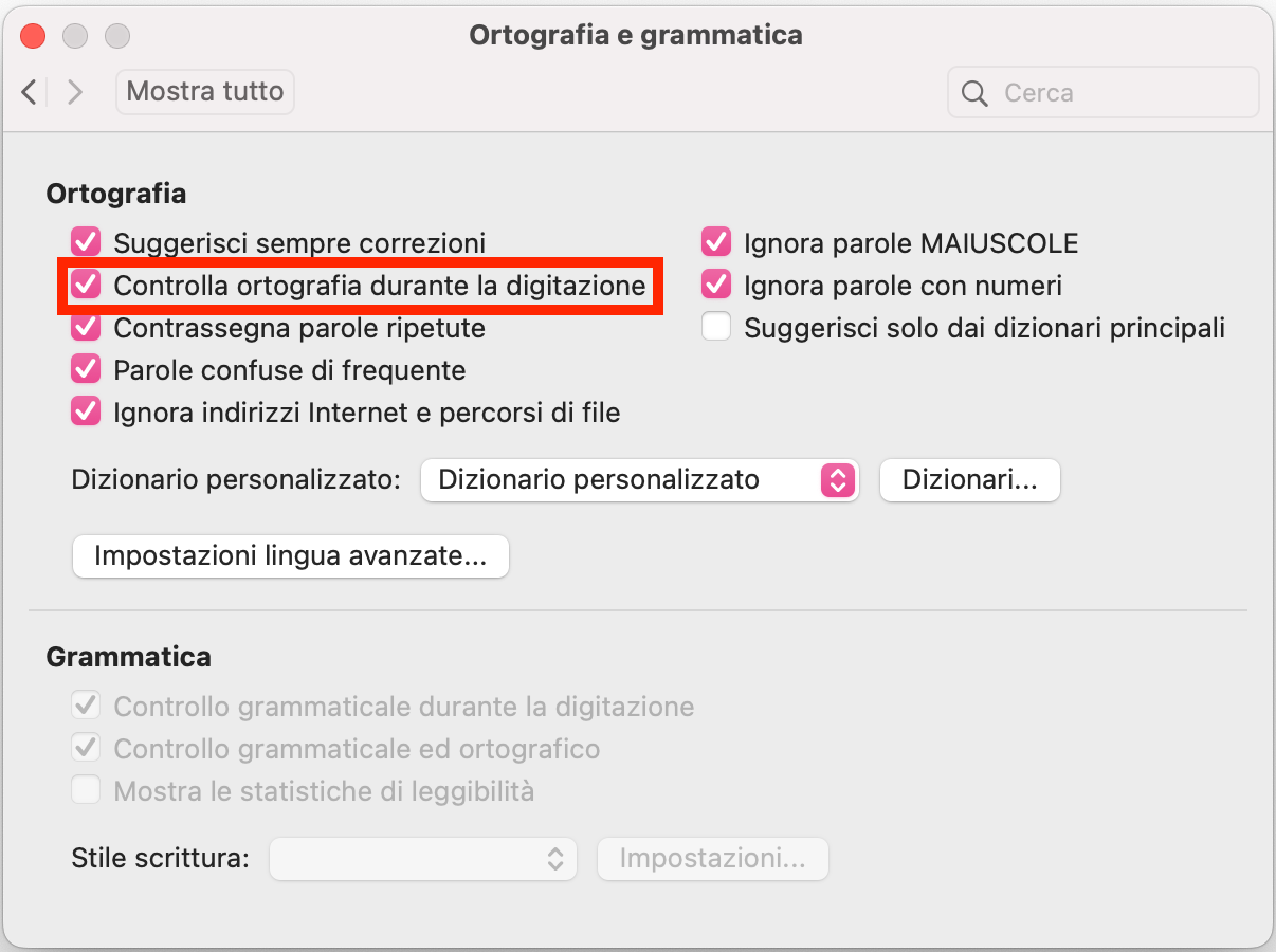 Nella sezione Ortografia e grammatica di Microsoft Word, sotto la sezione Ortografia, assicurati che Controlla ortografia durante la digitazione sia disattivato.