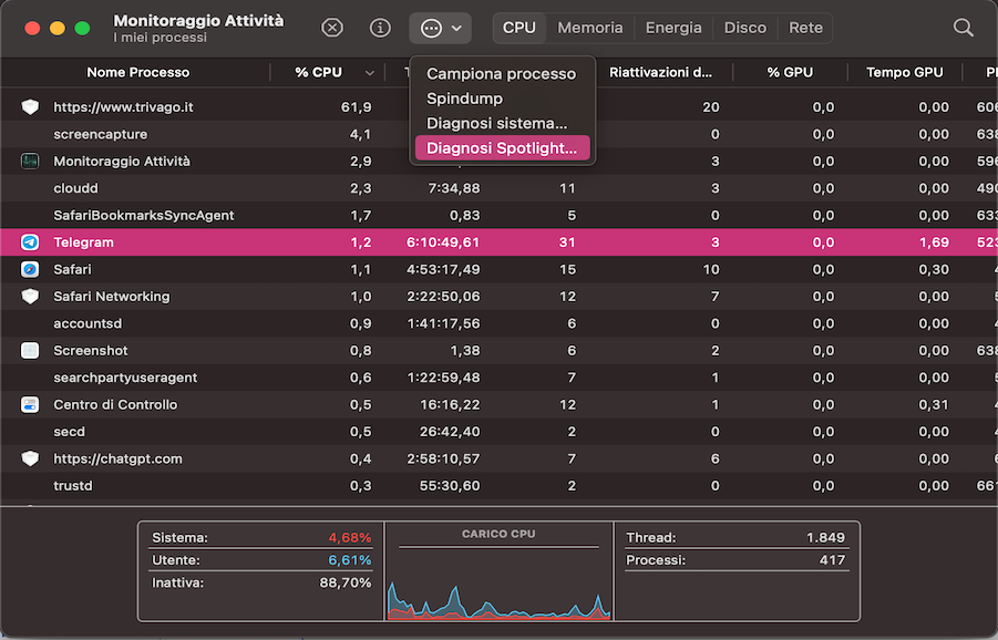 Nel menu appena aperto, nella finestra di Monitoraggio Attività, vai su Diagnosi Spotlight come fase preparatoria.