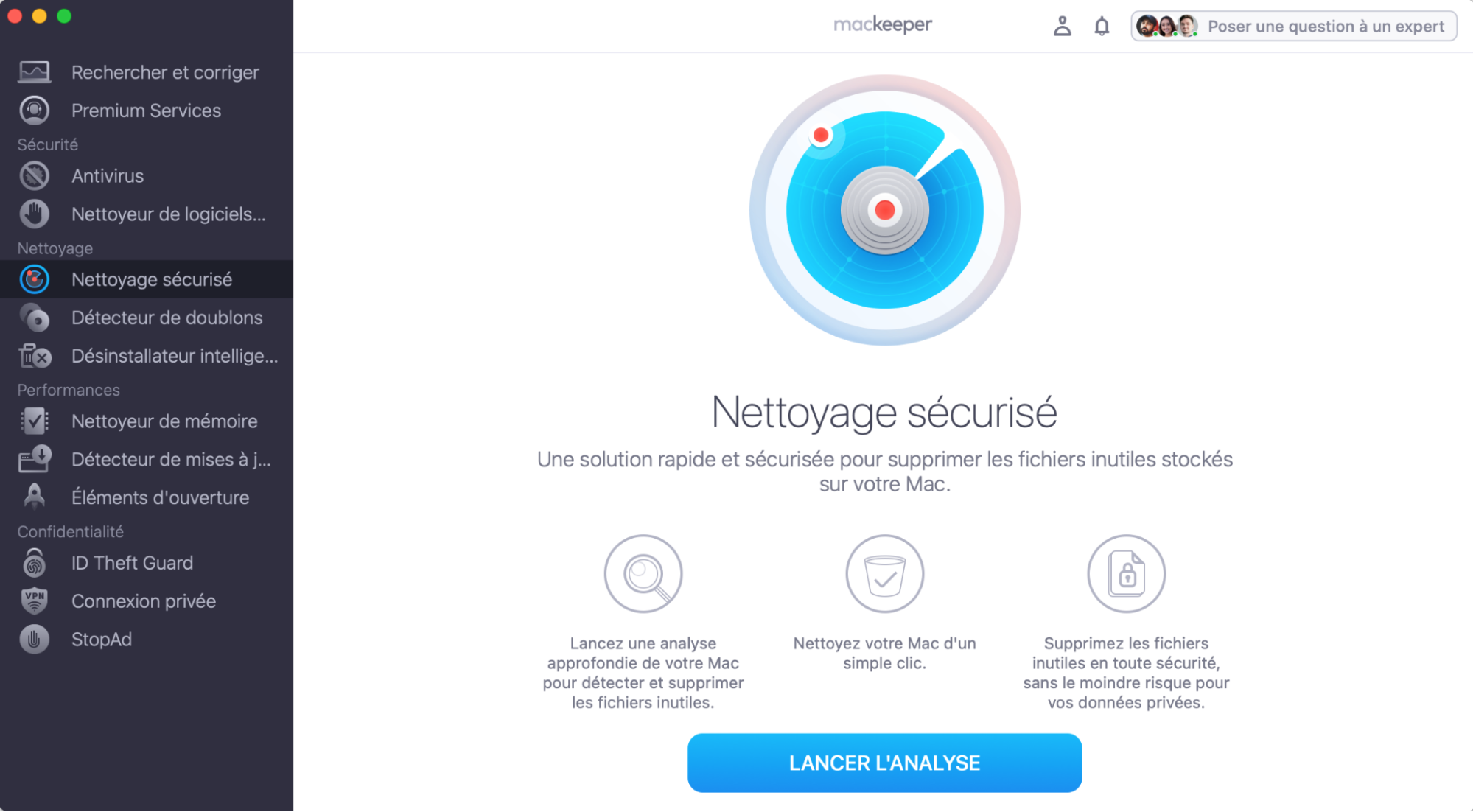 Pour supprimer les fichiers inutiles de votre Mac, lancez MacKeeper et sélectionnez Nettoyage sécurisé, puis cliquez sur Lancer l’analyse.