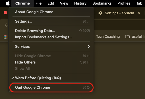 The Chrome menu next to the Apple logo on a MacBook with Quit Google Chrome selected before reinstalling the crashing browser.
