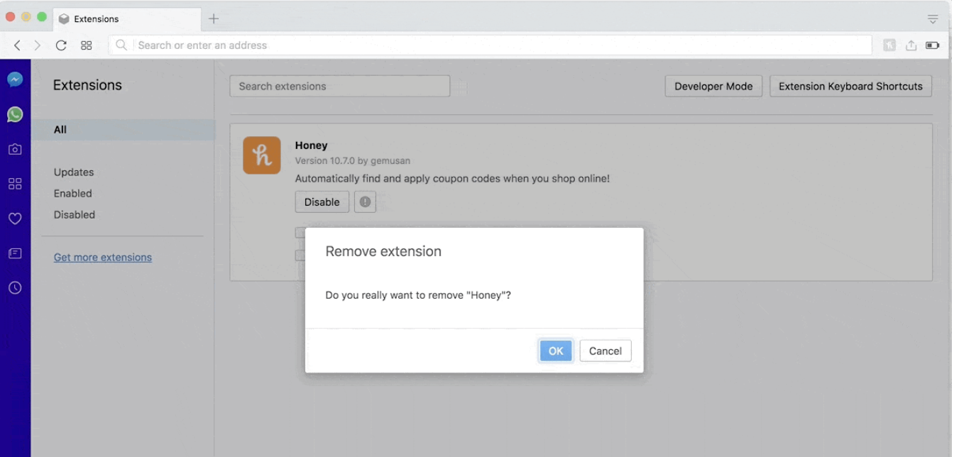 If you use Opera and want to get rid of Honey from your browser, the process is simple. Open Opera, click on View, and select Extensions. Next to Honey, click on the X and then OK to confirm removal. If you use Opera and want to get rid of Honey from your browser, the process is simple. Open Opera, click on View, and select Extensions. Next to Honey, click on the X and then OK to confirm removal.