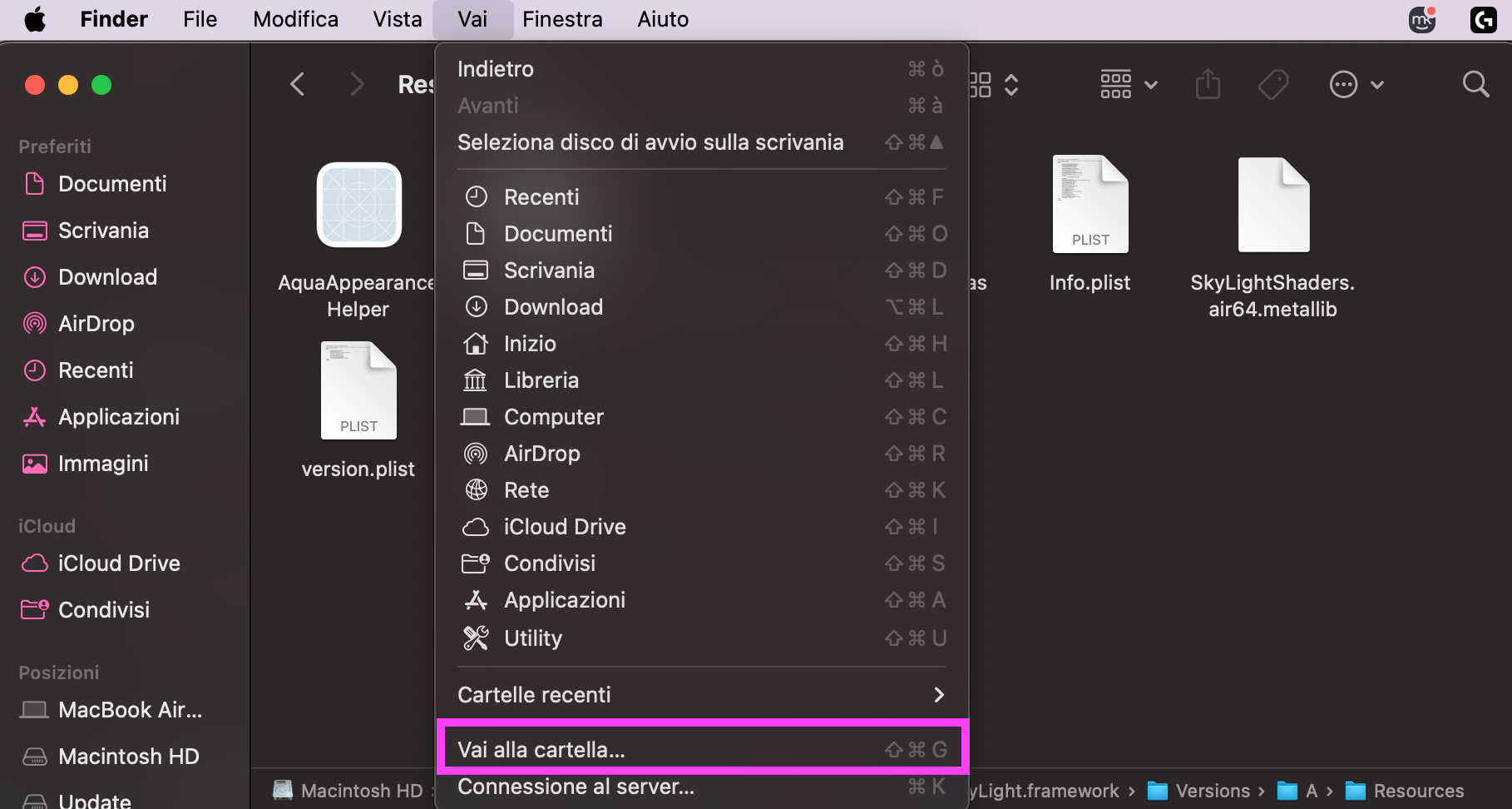 Dopo aver controllato i processi, puoi verificare anche le cartelle Libreria e Applicazioni per cercare elementi sospetti. Per farlo, apri Finder e fai clic su Vai alla cartella.