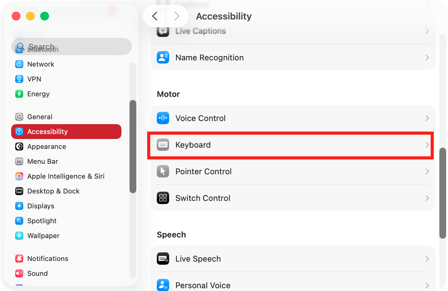 Certain macOS accessibility settings can affect the functionality of your Mac's spacebar. Go into your Mac's System Settings, and select Accessibility >  Keyboard.