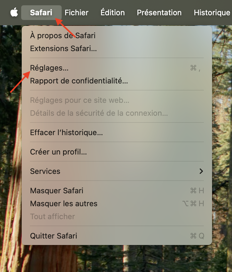 Le menu Safari dans macOS Monterey affiche toutes les options disponibles. Cliquez sur Réglages ou Préférences pour accéder aux extensions.