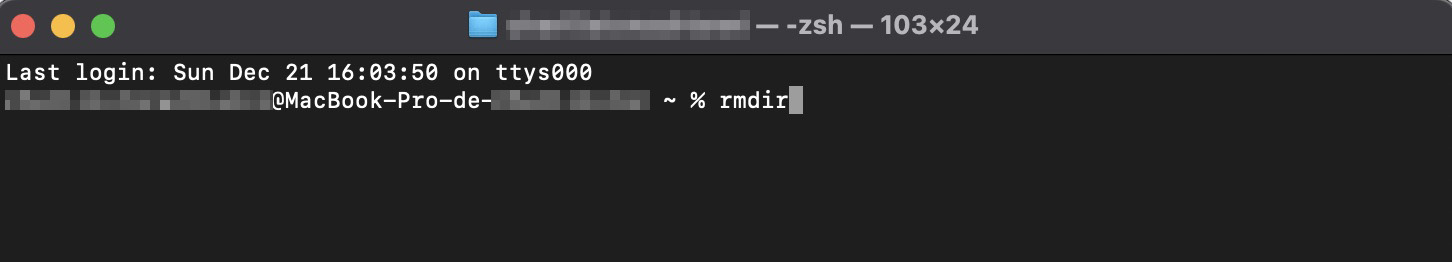 O Terminal no Mac mostra o comando rmdir para excluir um diretório.