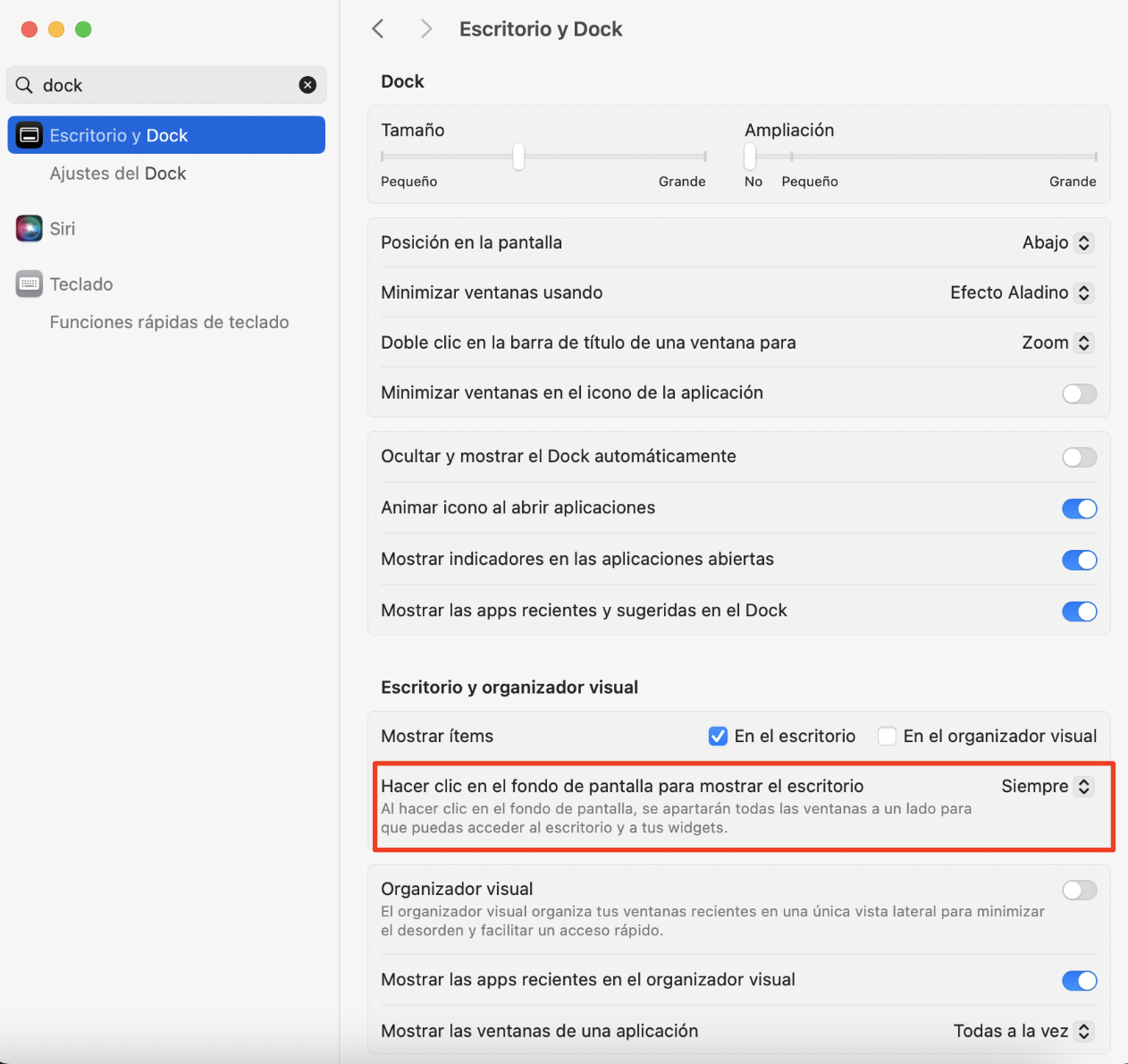 El Dock y la barra de menús que desaparecen también pueden restaurarse. Para ello, anula la selección de Ocultar y mostrar el Dock automáticamente y, a continuación, desplázate hacia abajo y anula la selección de Ocultar y mostrar la barra de menús automáticamente.