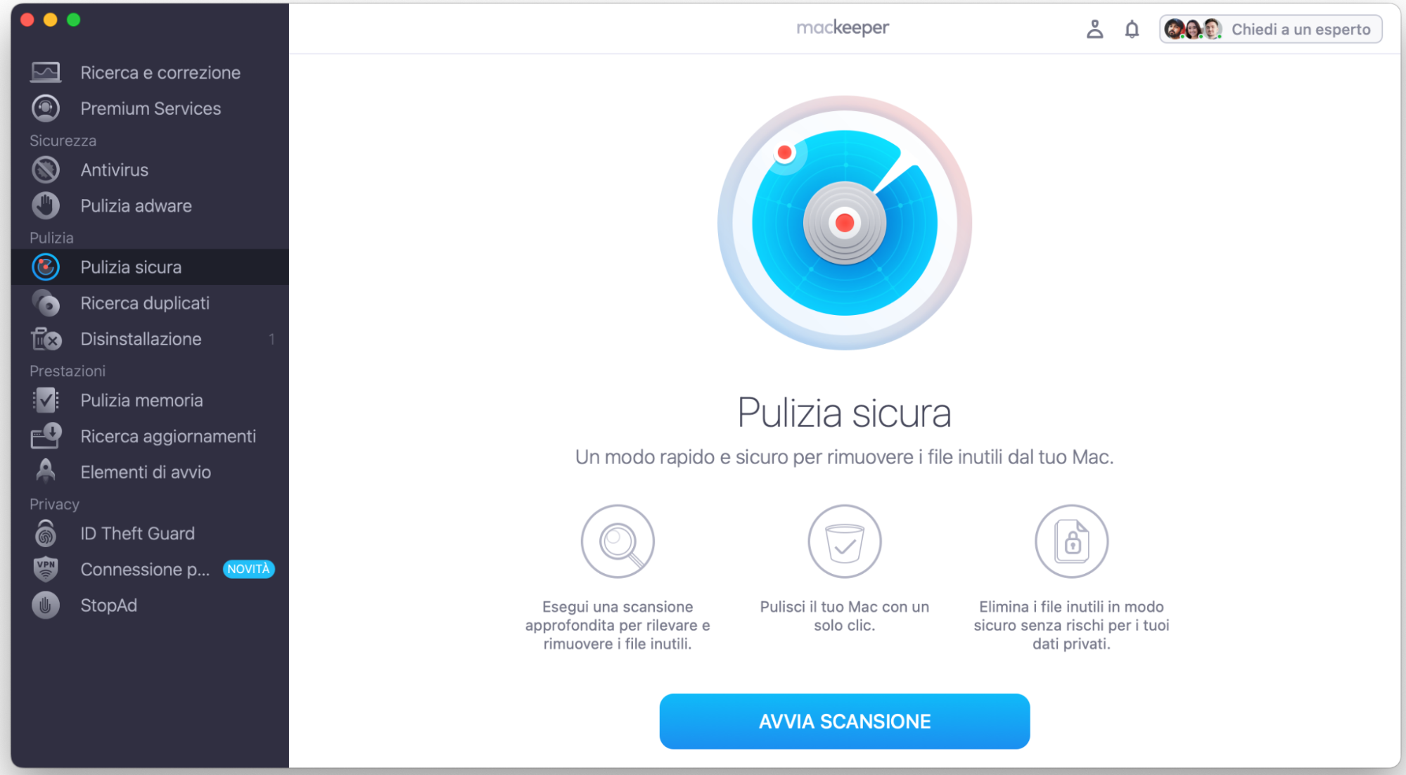 Per liberare spazio sul Mac in modo rapido e semplice, elimina i file non necessari. Avvia MacKeeper, seleziona Pulizia Sicura ed esegui la scansione automatica. Clicca su Avvia scansione.