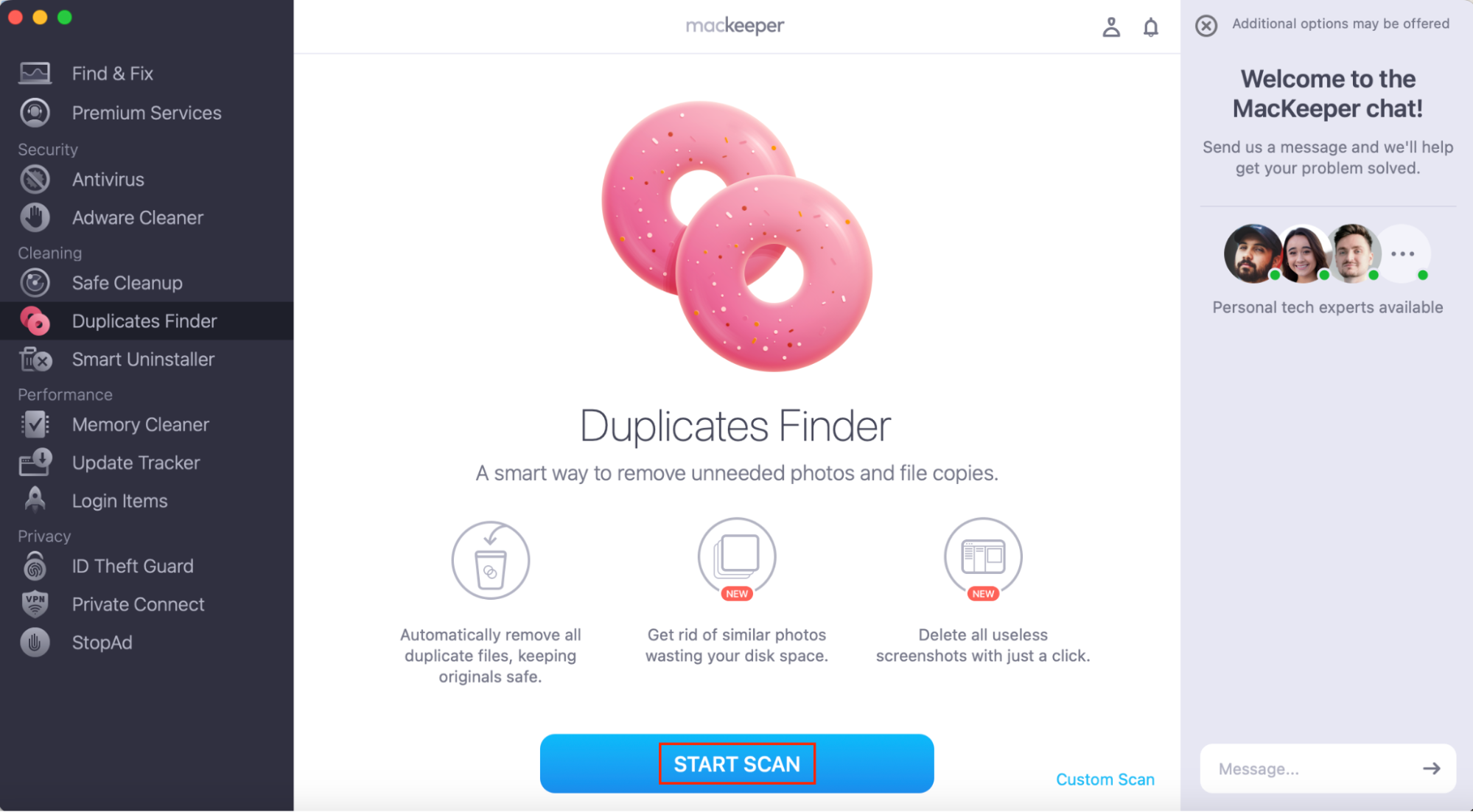 MacKeeper's Duplicates Finder with the Start Scan button highlighted. How to make folders different colors on Mac using tags.
