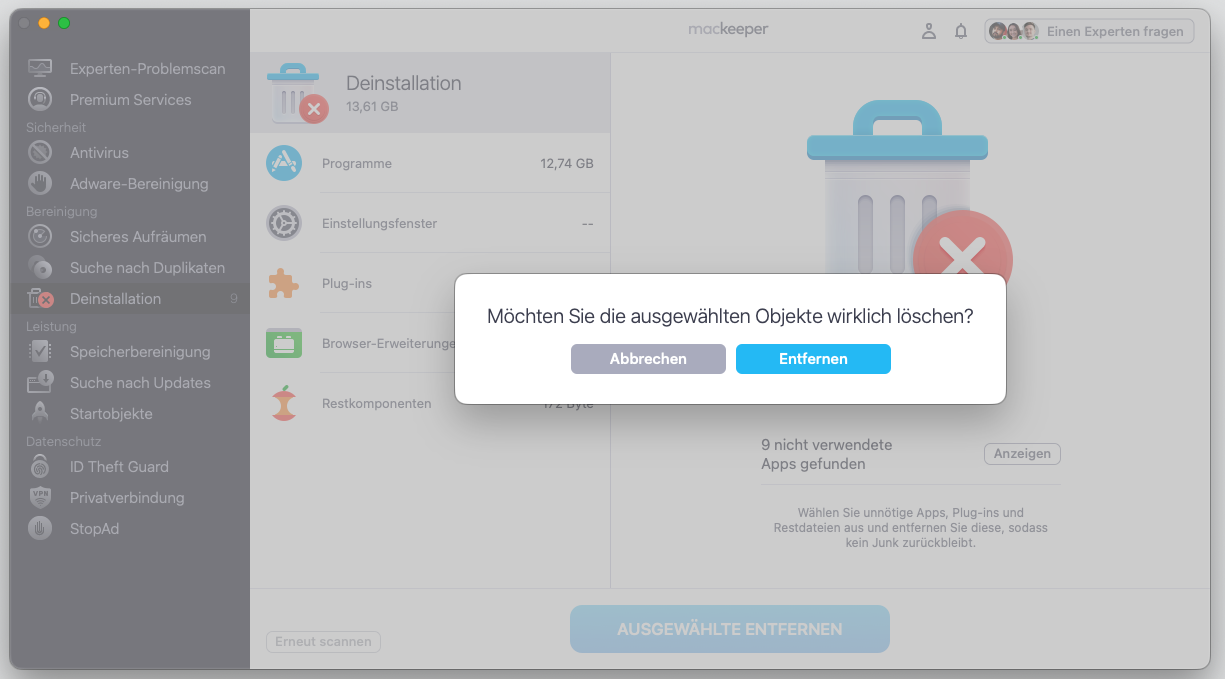 Klicken Sie im Dropdown-Fenster auf Entfernen, um das Löschen der Dateien zu bestätigen.