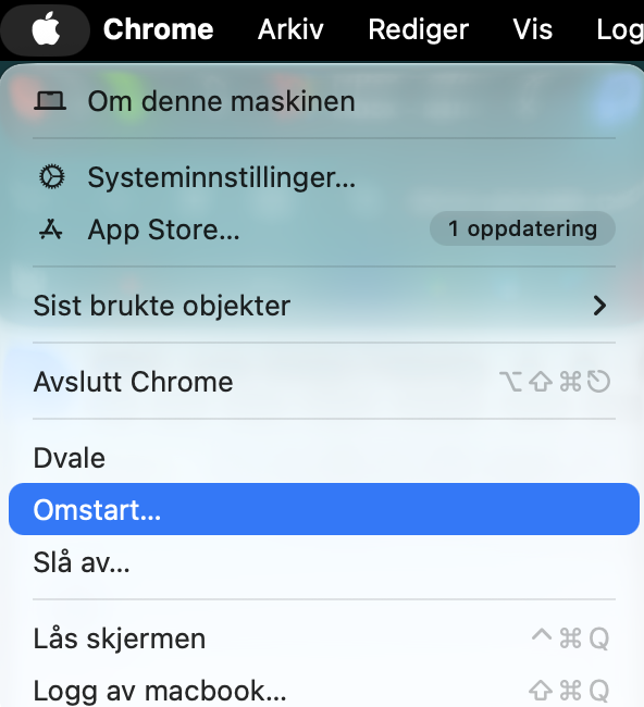 For å starte Macen på nytt og løse problemer med apper som fryser eller starter tregt, må du klikke på Apple-ikonet og velge Start på nytt.
