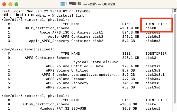 In the /dev/disk0 (internal, physical) section, find entry 0 (zero), and copy the Identifier.