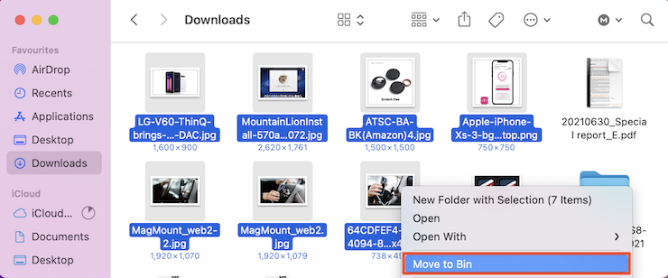 To clean up your downloads on a MacBook, Hold down the Command key and left-click all the files you want to delete. Then, release the Command key, right-click, then choose to Move to Bin / Move to Trash, depending on your macOS version. To clean up your downloads on a MacBook, Hold down the Command key and left-click all the files you want to delete. Then, release the Command key, right-click, then choose to Move to Bin / Move to Trash, depending on your macOS version.