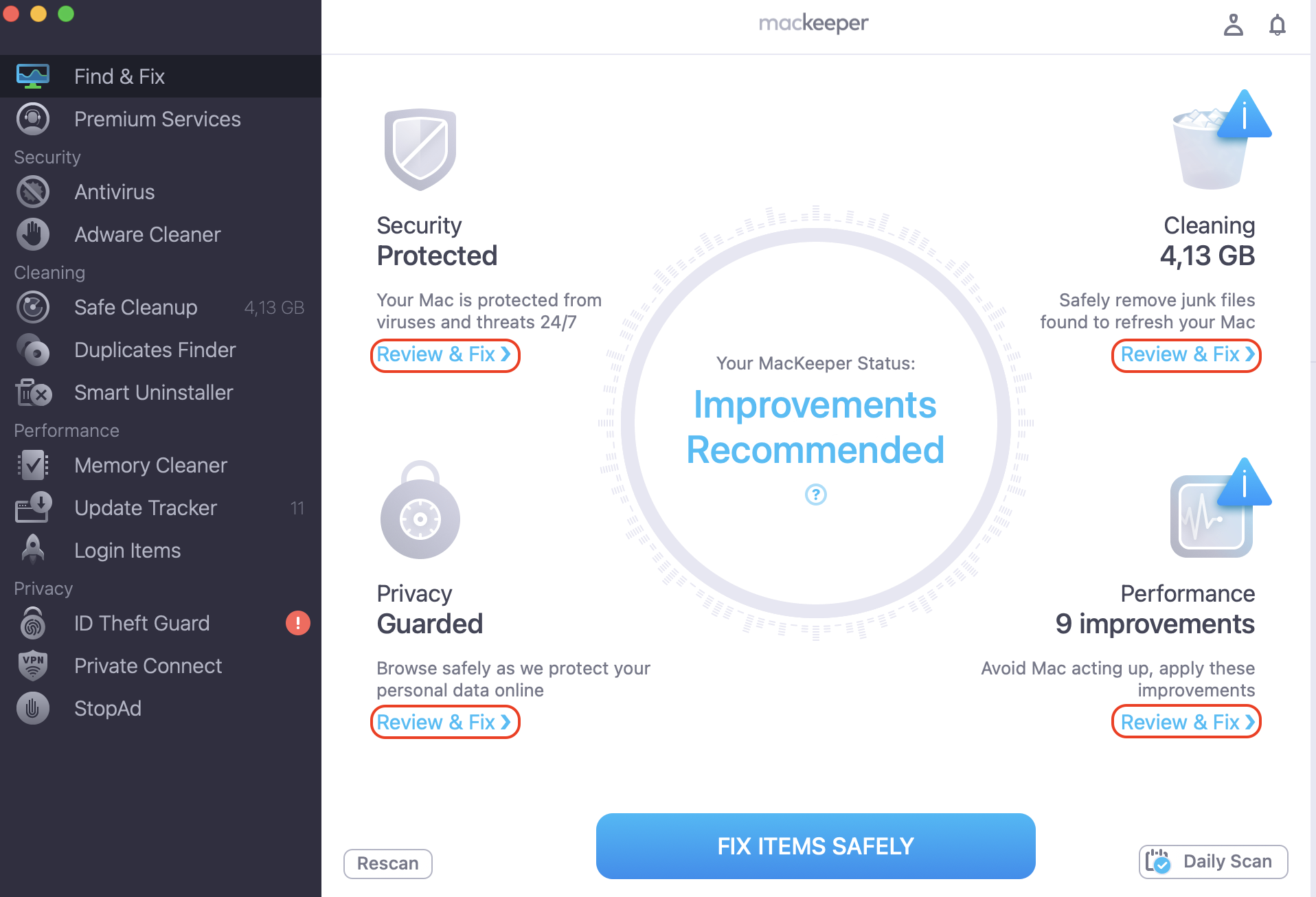 MacKeeper Find & Fix results on an Apple computer to review flagged items before removing threats linked to codesign high CPU on Mac.