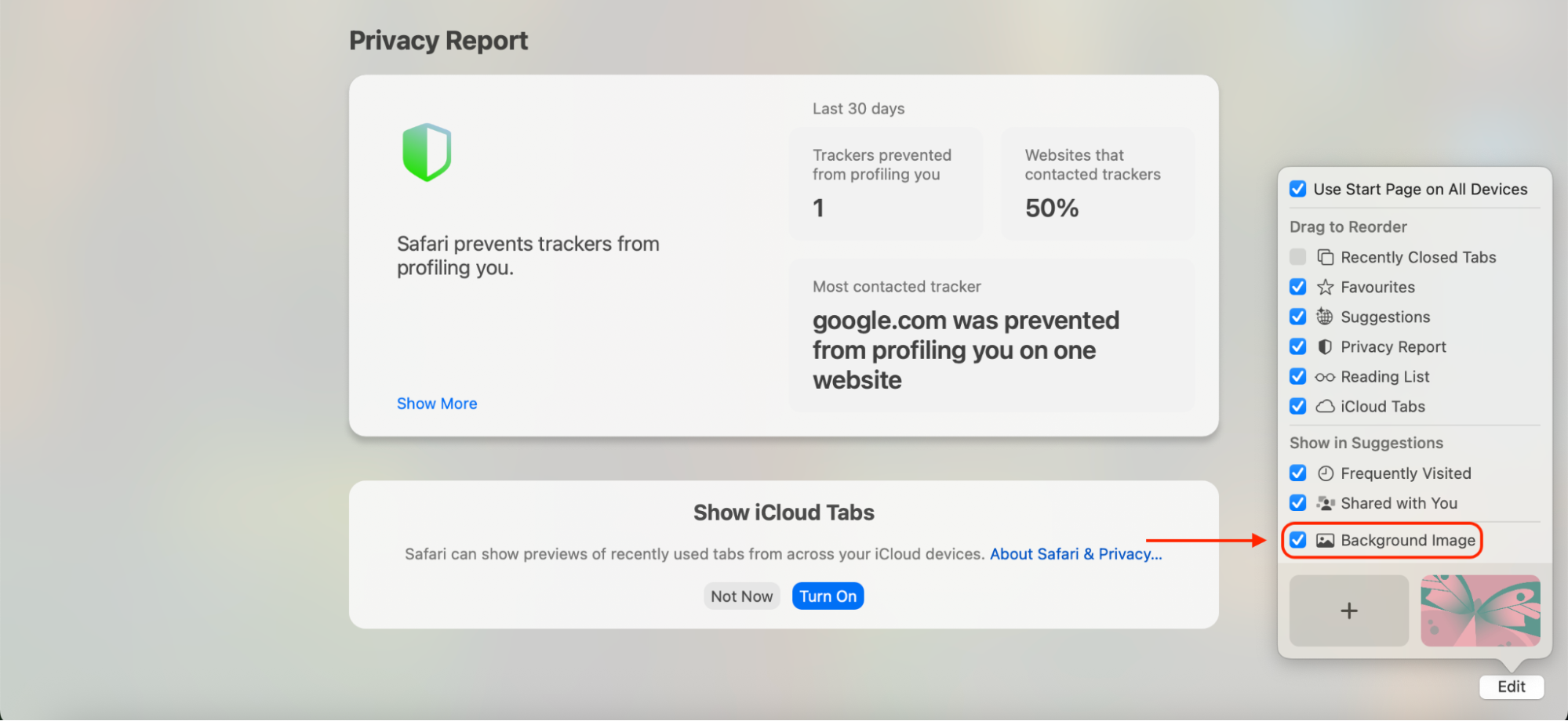 Find the Background Image option in the customization menu and check the box next to it to enable background selection.