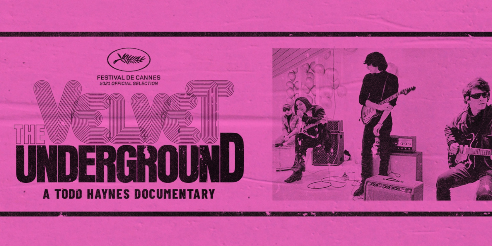 The documentary's official image from Apple TV in black and pink with the name of the documentary on the left and a picture of the Velvet Underground band on the right The documentary's official image from Apple TV in black and pink with the name of the documentary on the left and a picture of the Velvet Underground band on the right