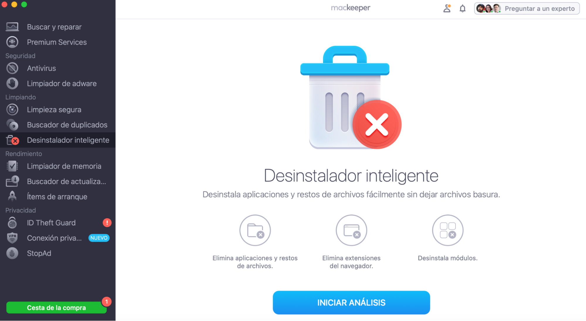 Para eliminar Google Chrome de tu Mac, ejecuta MacKeeper y selecciona Desinstalador inteligente, haz clic en Iniciar análisis.