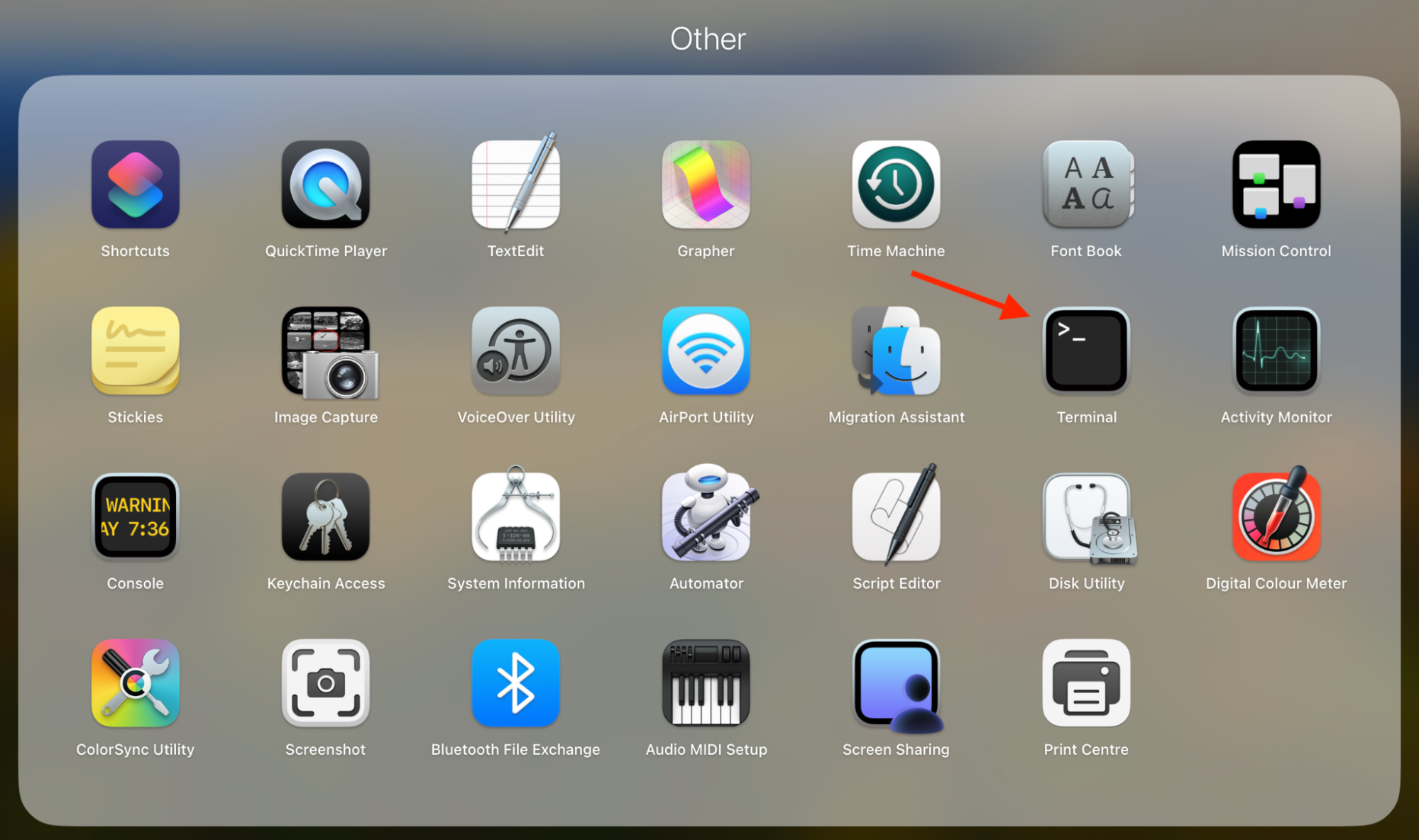 The Other folder inside Launchpad on Mac, which shows the Terminal icon. Open Terminal to free up RAM on your Mac. The Other folder inside Launchpad on Mac, which shows the Terminal icon. Open Terminal to free up RAM on your Mac.