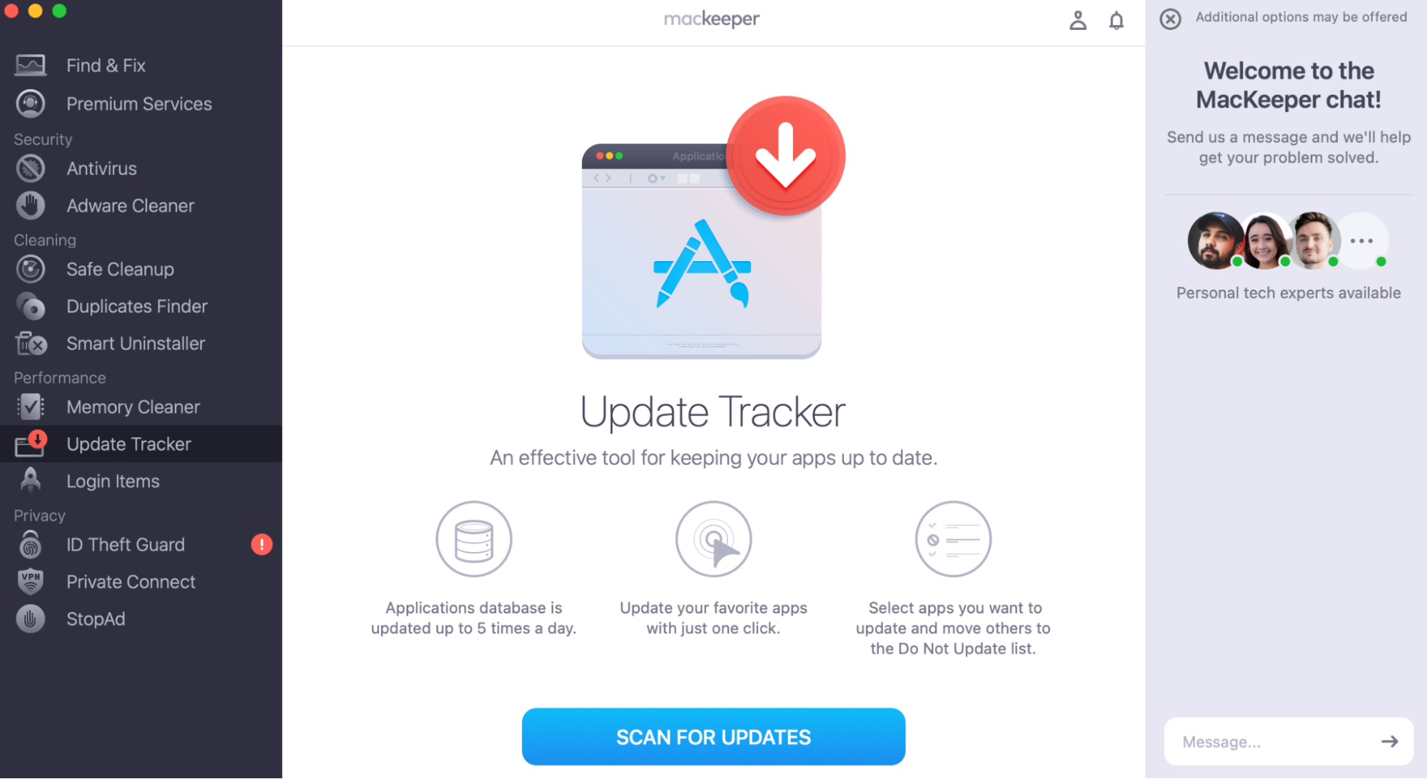 MacKeeper’s Update Tracker home screen, before running a scan. Part of a guide on how to protect Mac from ransomware: update your devices and apps.