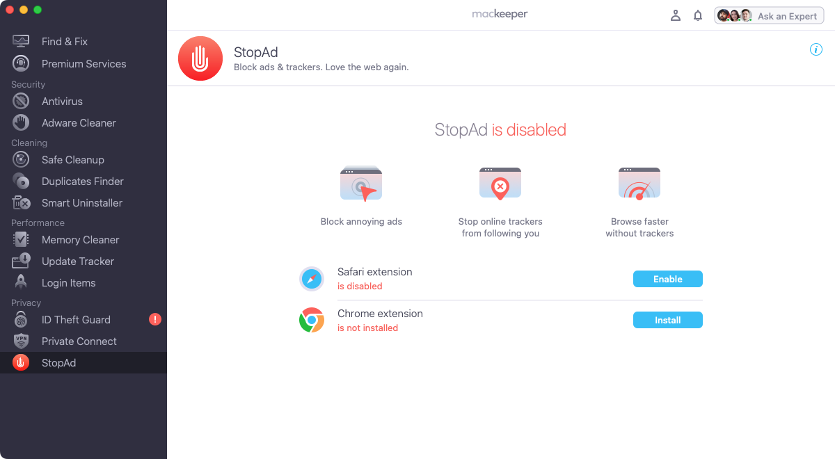 To prevent getting Search Marquis on your Mac, run MacKeeper and select StopAd from the sidebar. Choose your browser and click Enable. In your browser extensions, check all the extensions connected to MacKeeper to access the StopAd settings.