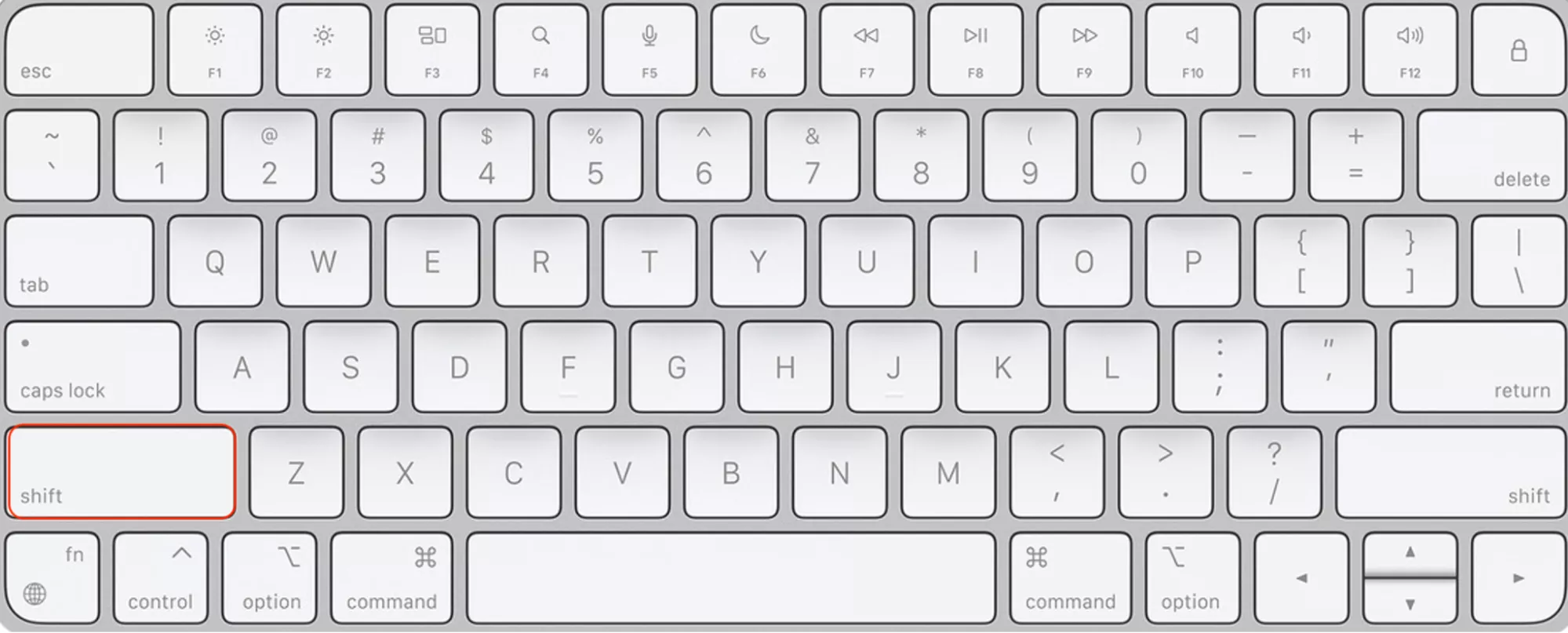 De Shift-toets op het toetsenbord van een Mac. Houd deze ingedrukt om op te starten in Veilige modus wanneer je beschadigde bestanden moet openen.