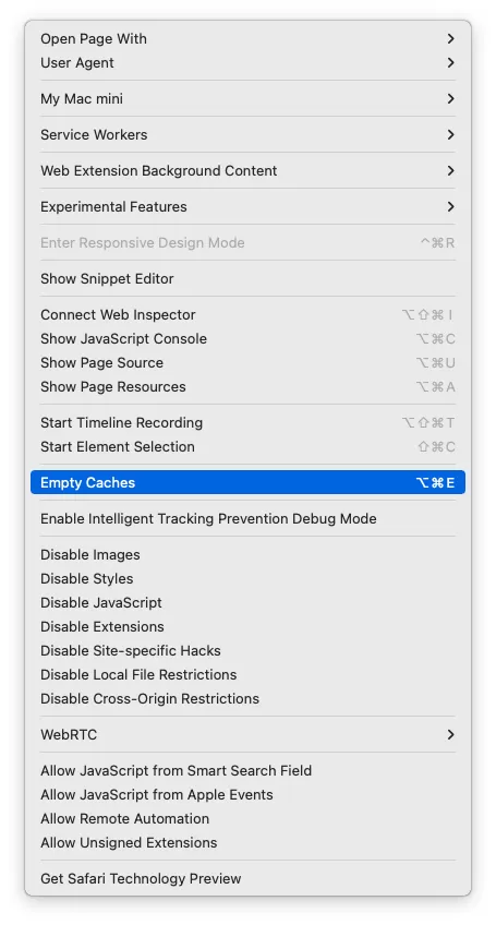 The Advanced Settings displays the option to show the Develop menu bar before proceeding to click on the Empty Caches button. The Advanced Settings displays the option to show the Develop menu bar before proceeding to click on the Empty Caches button.