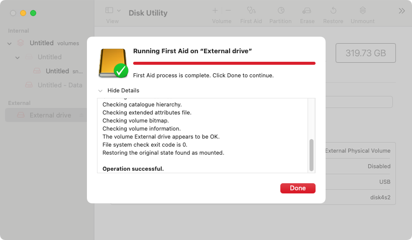 Wait for the scan to finish. If it finds anything wrong that it can fix, First Aid will do it. When it reaches the end, click the 'Done' button to complete. Wait for the scan to finish. If it finds anything wrong that it can fix, First Aid will do it. When it reaches the end, click the 'Done' button to complete.