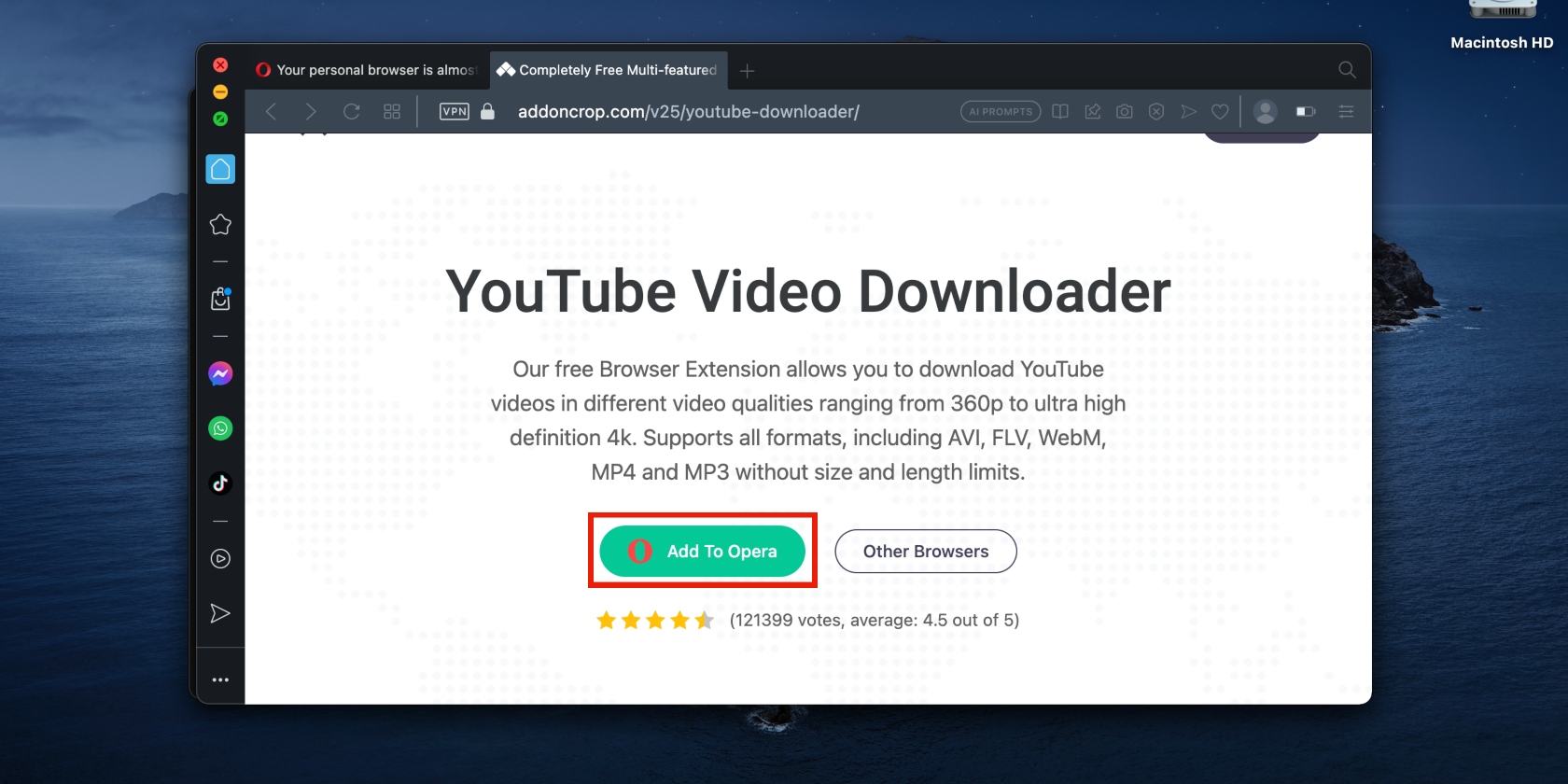 To download YouTube videos in Opera, ensure that the Add To Opera option is selected (look, it's outlined in red) to add the YouTube Video Downloader extension to your browser.