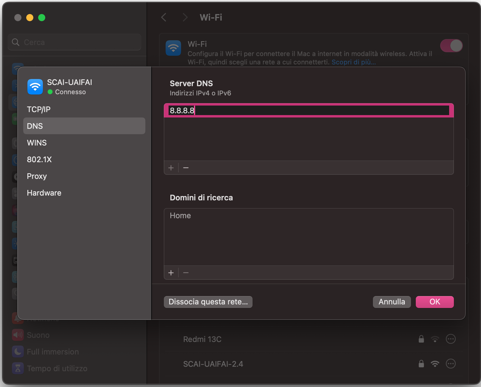 Per velocizzare la connessione Internet sul Mac, aggiungi un nuovo server DNS e clicca su OK per verificare se il problema si risolve.
