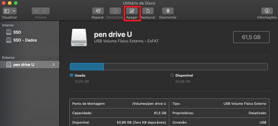 Libere mais espaço no seu Mac conectando um dispositivo USB e apagando-o. Depois, dê um novo nome e reformate o drive para usá-lo com seu Mac.