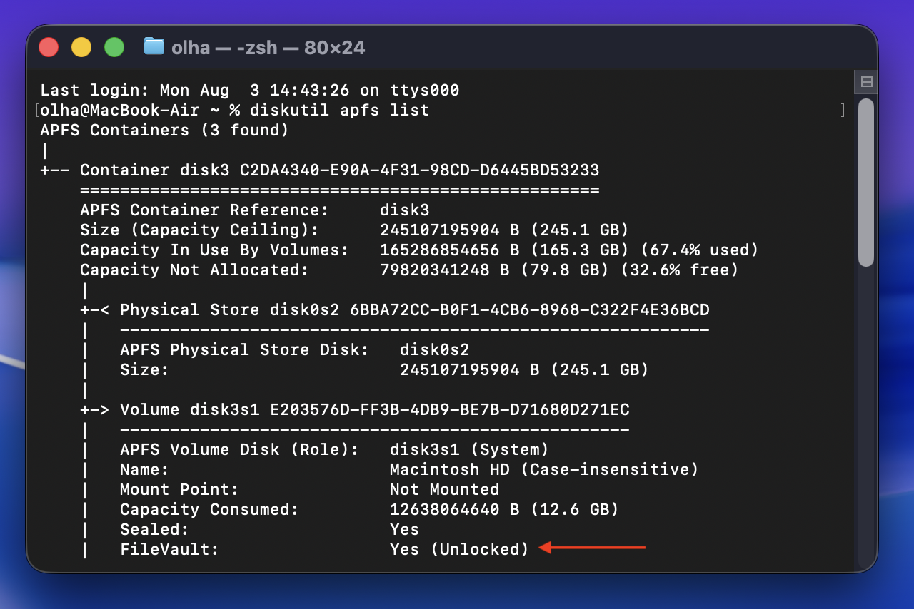 In Terminal, locate the volume with FileVault enabled and make a note of its identifier to disable FileVault on your MacBook laptop.