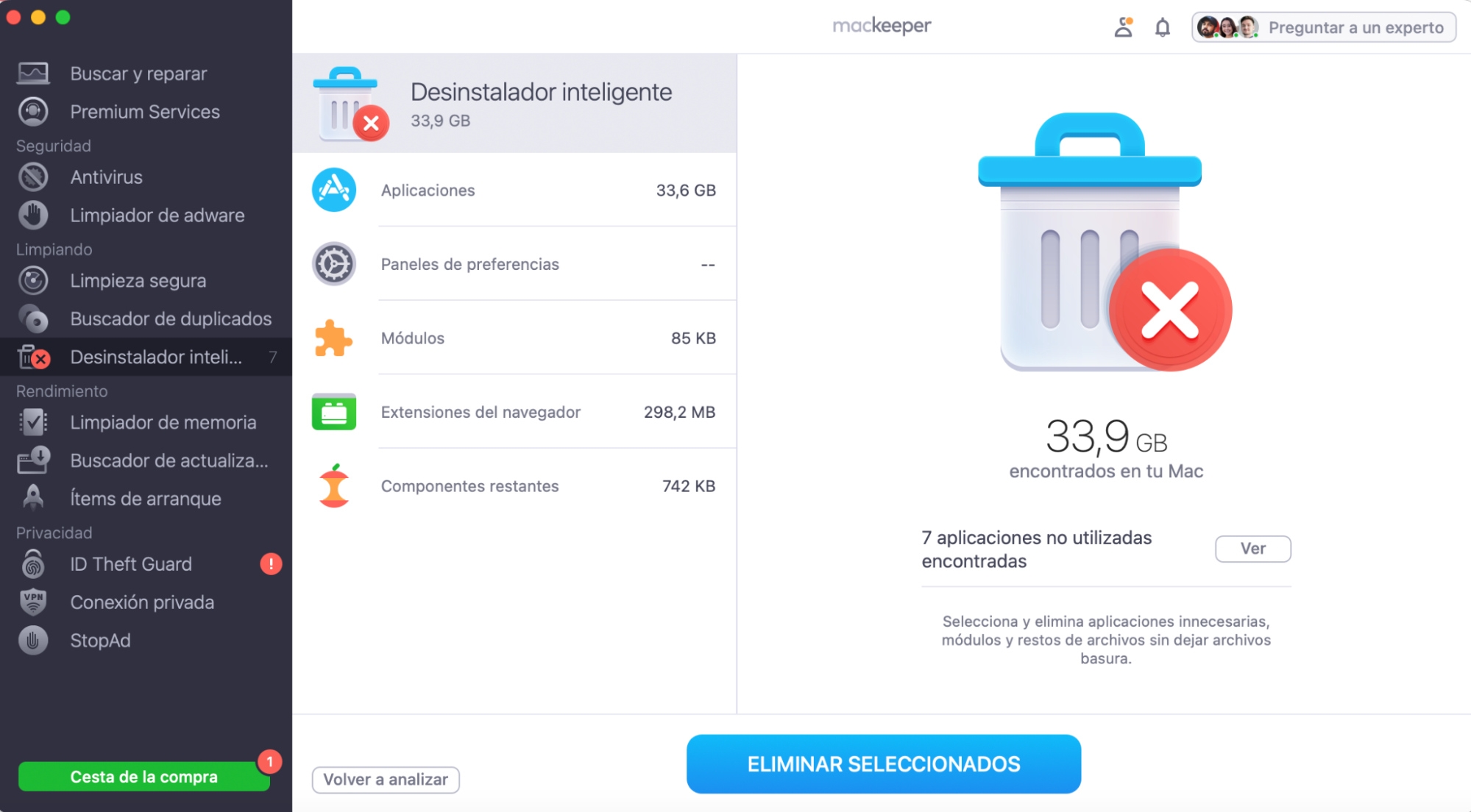 Revisa la lista de elementos después del análisis. Selecciona los que deseas eliminar y haz clic en Eliminar seleccionados.