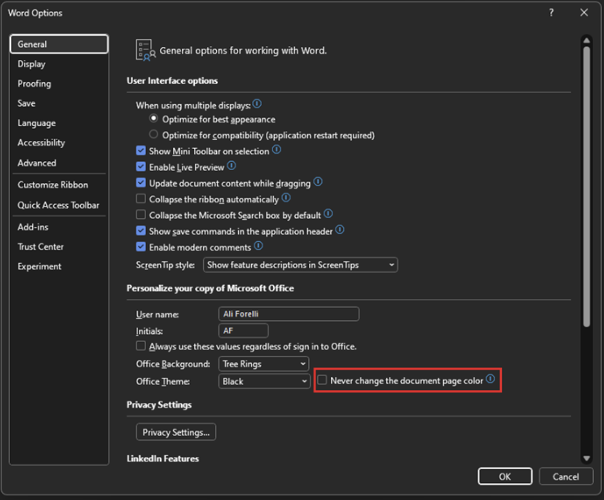 The quickest way to change your colour view from light to dark on Microsoft Office Word is to open the app and click on Word. This will bring up the Word Options menu. From there, click on General and look for the personalized section that’ll allow you to change the mode from dark to light.