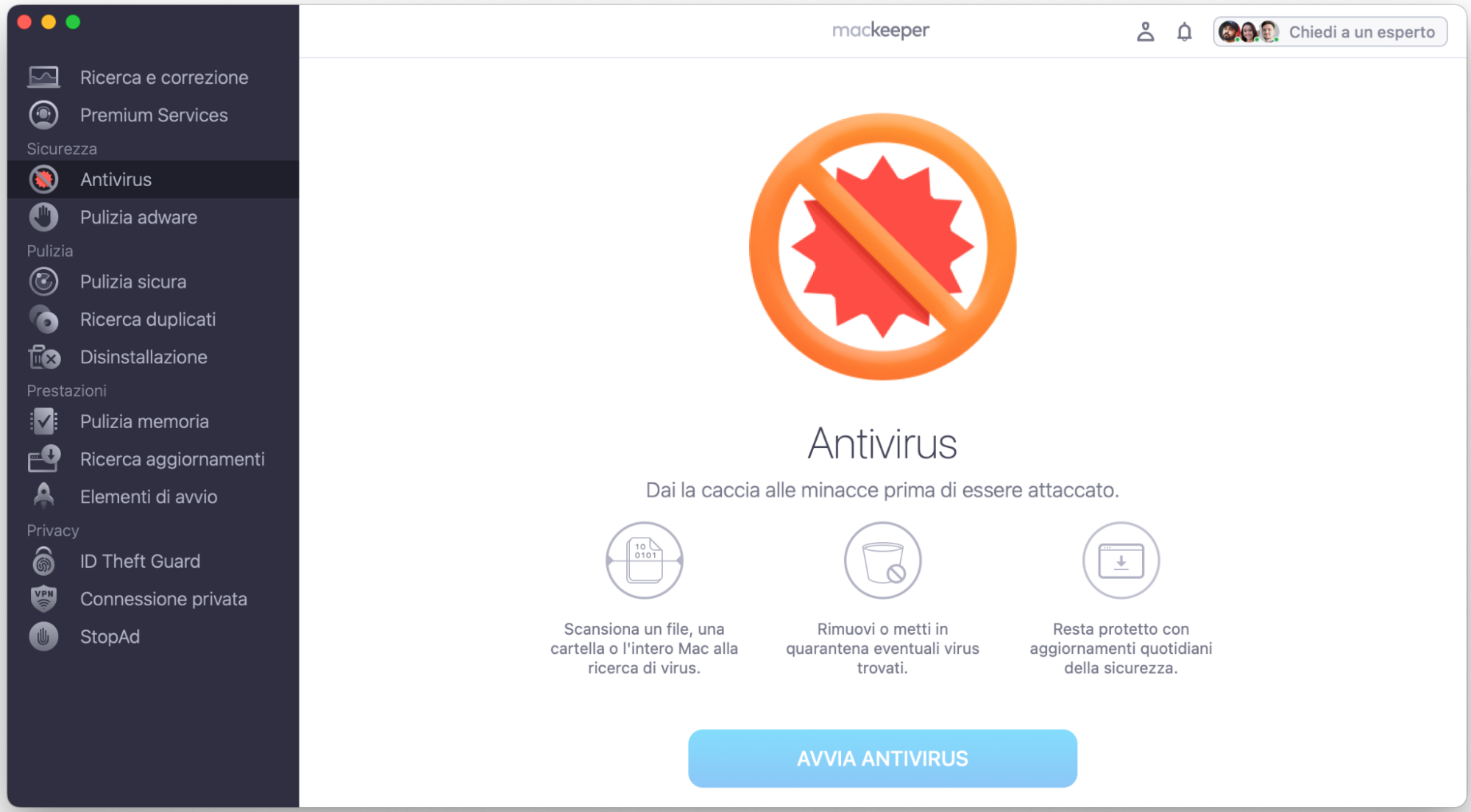 Per installare una protezione informatica, consigliamo l’app MacKeeper con la sua pratica e affidabile funzione Antivirus. Apri l’app sul dispositivo, seleziona Antivirus dal pannello a sinistra e fai clic su Avvia scansione.