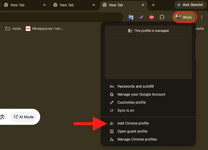 Google Chrome on an Apple computer with the profile icon open and Add chosen to create a fresh profile when Chrome keeps crashing.