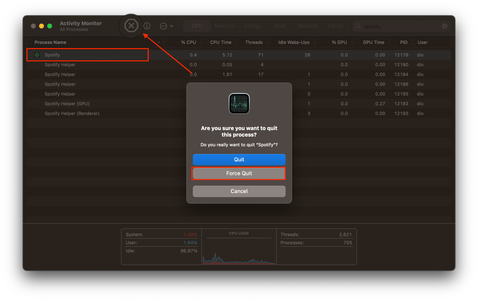 Activity Monitor on macOS showing the Force Quit confirmation pop-up after clicking the X button to stop the Spotify process.
