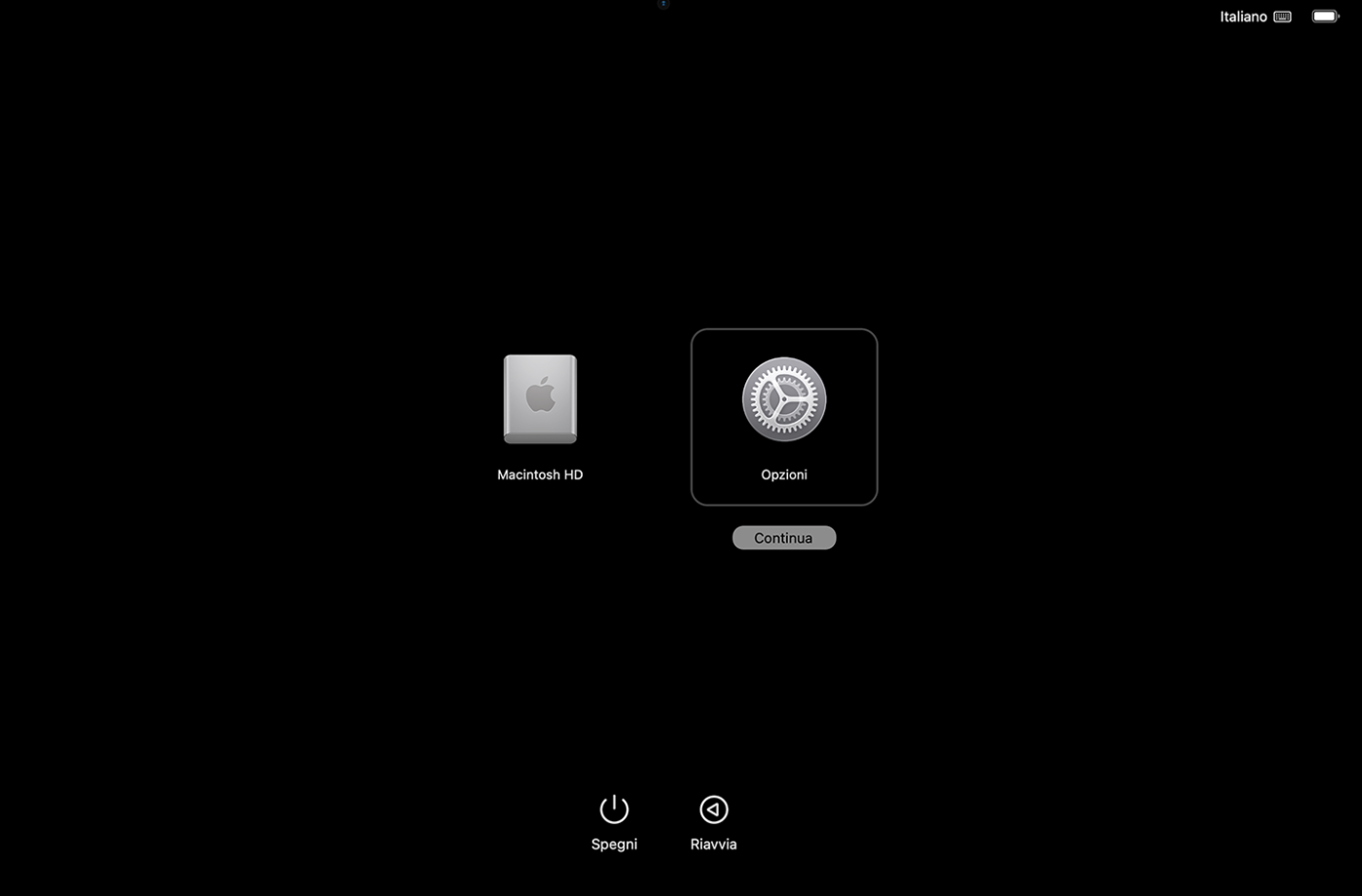 Finestra Caricamento delle opzioni di avvio nella modalità di recupero per avviare il ripristino alle impostazioni di fabbrica del Mac.
