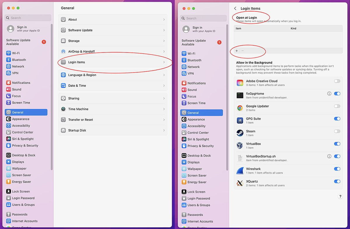 General settings appear on a Mac. To remove Accessible Search Engine malware, click on Login Items and remove suspicious items.
