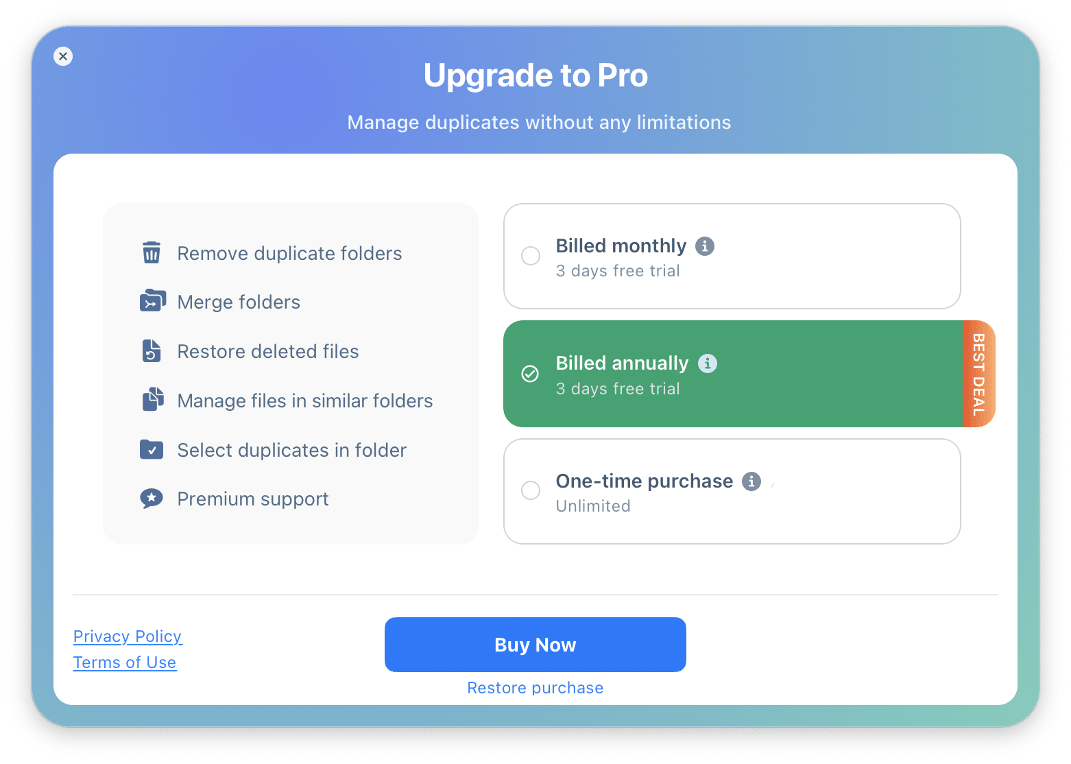 View the Upgrade to Pro window in Nektony to select a monthly, annual, or one-time lifetime license for full feature access.