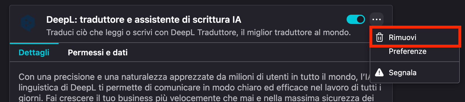Dopo aver individuato l’estensione da rimuovere nel browser Firefox sul tuo Mac, fai clic sui tre puntini accanto a essa e seleziona Rimuovi.
