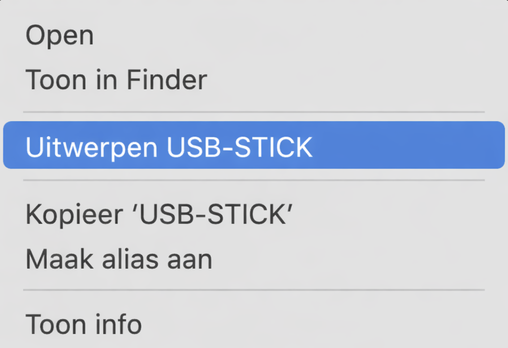 Het loskoppelen van een randapparaat kan het probleem met Finder op je Mac oplossen. Zorg er echter voor dat je het apparaat veilig verwijdert om beschadiging van je bestanden te voorkomen. Selecteer het apparaat met Command + trackpad en druk op Verwijder [apparaatnaam].