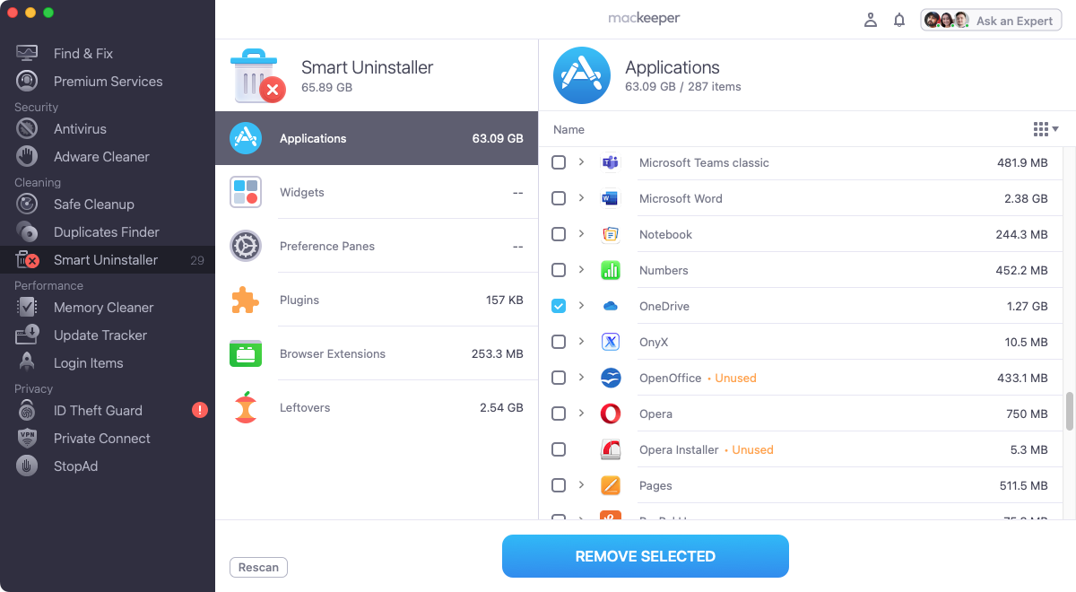 When the scan is done, select 'Applications', then on the right-hand side, you'll see a list. Look for OneDrive. Select it, then click the 'Remove Selected' button.