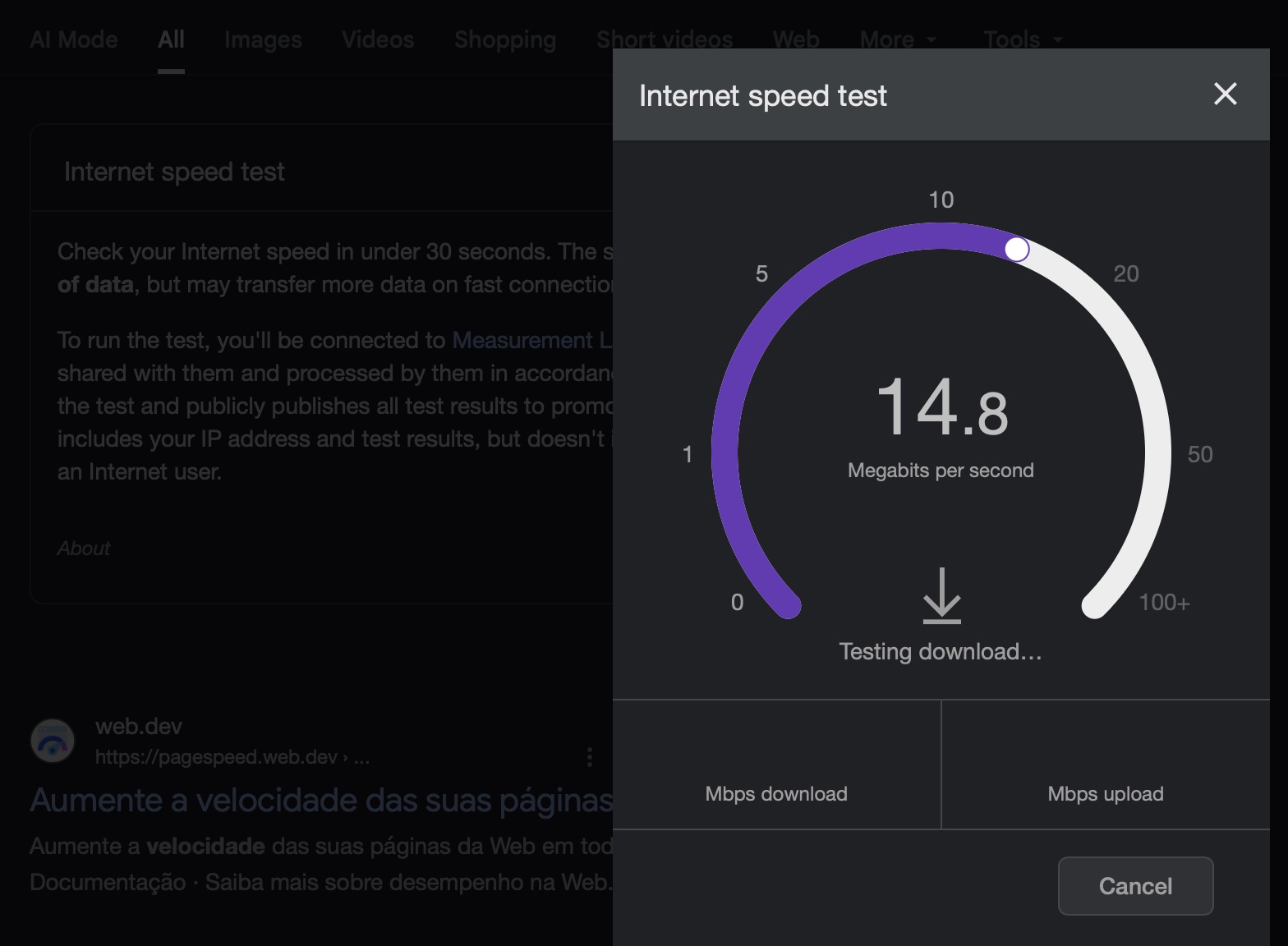 Vá ao Google e pesquise por ‘speed test’. Isso mostrará uma ferramenta de teste de velocidade da internet, que permitirá verificar se a conexão do seu Mac está boa.