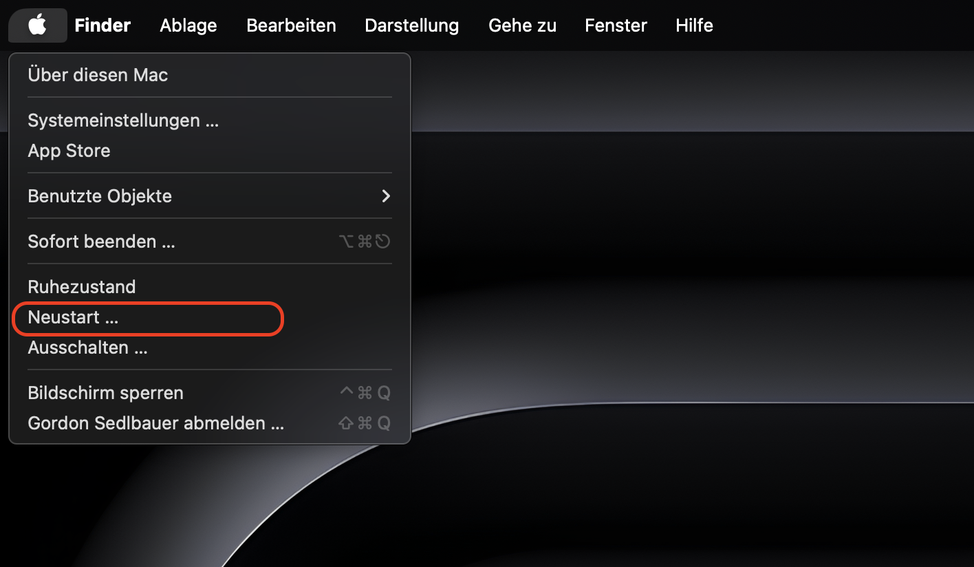 Wählen Sie oben links auf Ihrem Bildschirm das Apple-Logo, um Ihren Mac-Computer neu zu starten. Bestätigen Sie den Neustart. Wählen Sie oben links auf Ihrem Bildschirm das Apple-Logo, um Ihren Mac-Computer neu zu starten. Bestätigen Sie den Neustart.