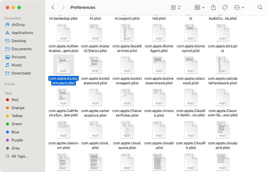 To reset Bluetooth settings and fix any corrupted files on macOS Sequoia, select all Bluetooth PLIST files from the folders.