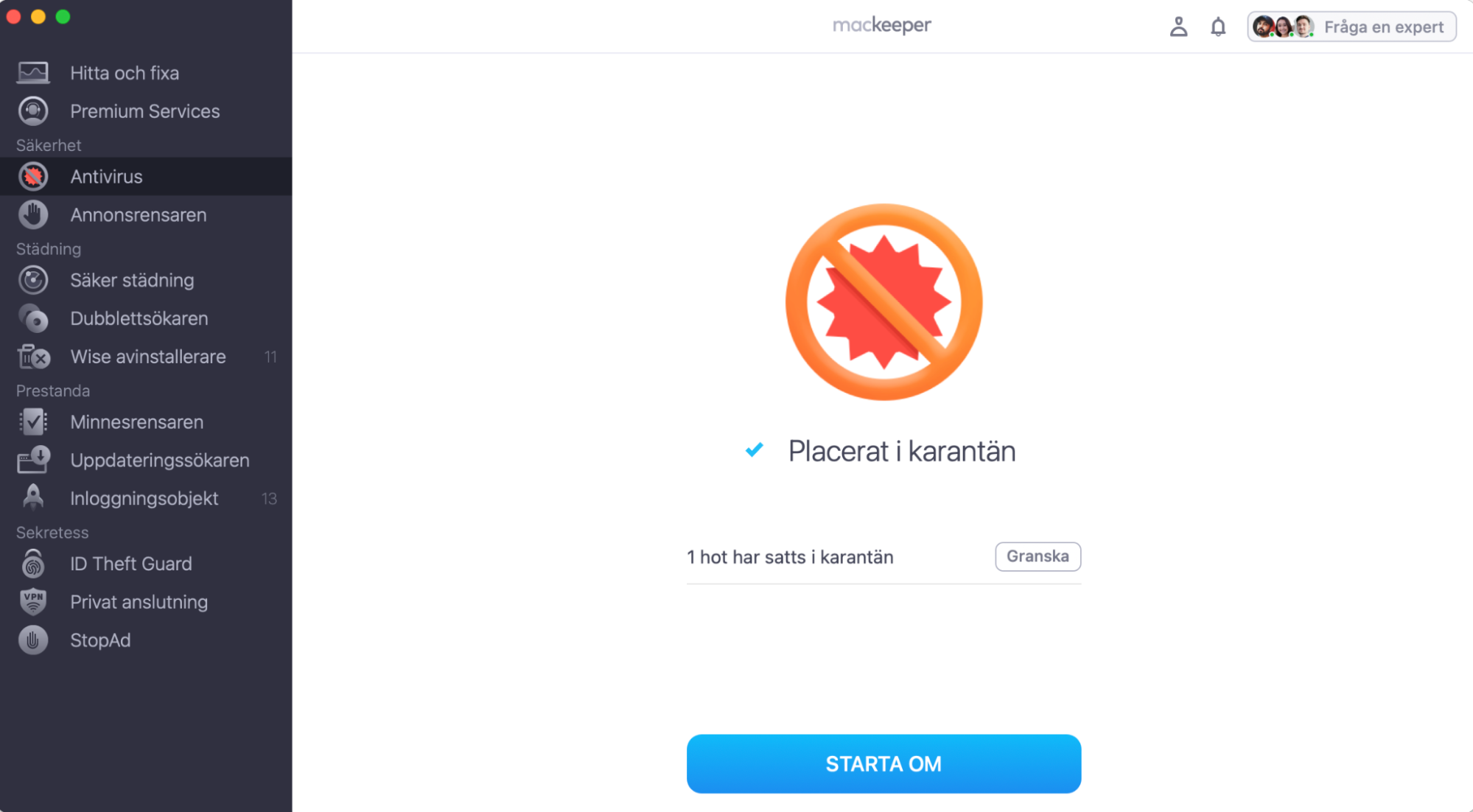 Om det finns ett virus på din dator sätter MacKeeper automatiskt hotet i karantän. Du kan klicka på Granska för att kontrollera filerna som har rensats från systemet.