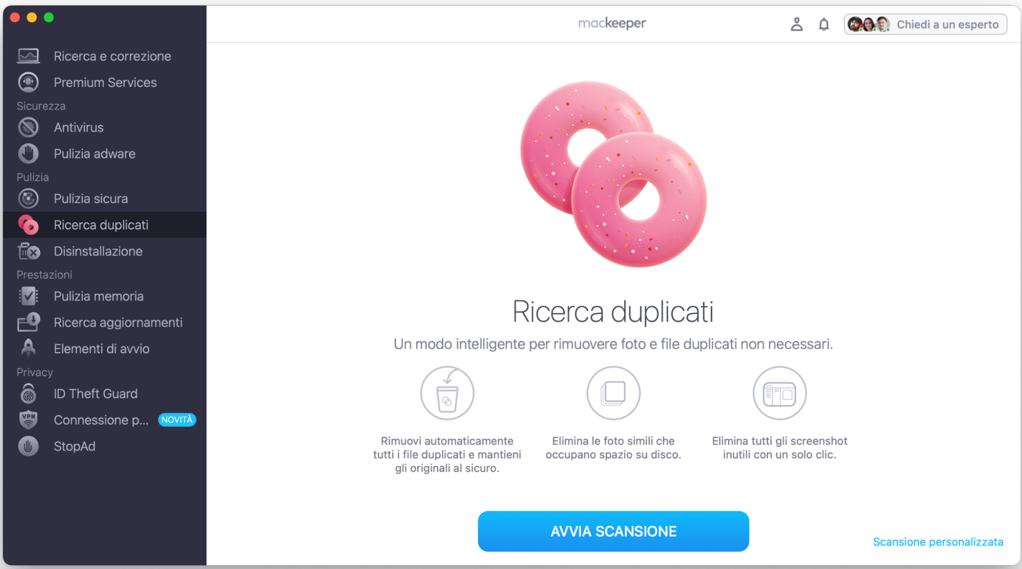 La funzione Ricerca Duplicati di MacKeeper su Mac. Quando il disco di avvio del Mac è pieno, rimuovi i file duplicati per liberare spazio.
