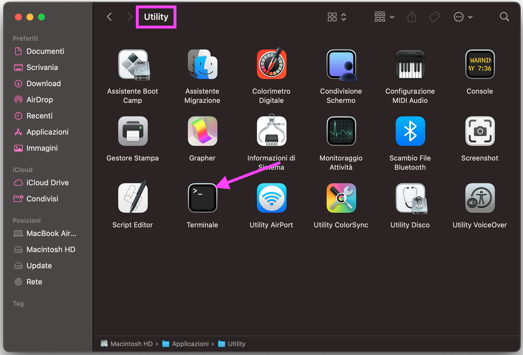 Nella cartella Utility, fai doppio clic su Terminale per aprirlo.