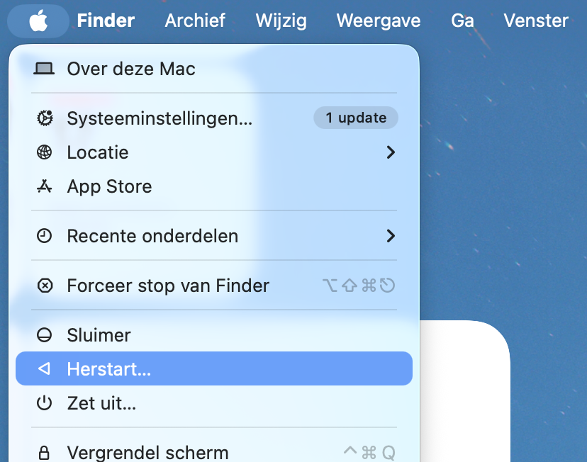 In het Apple-menu is de optie Herstarten geselecteerd als de eenvoudigste manier om een storing in Bluetooth op te lossen.