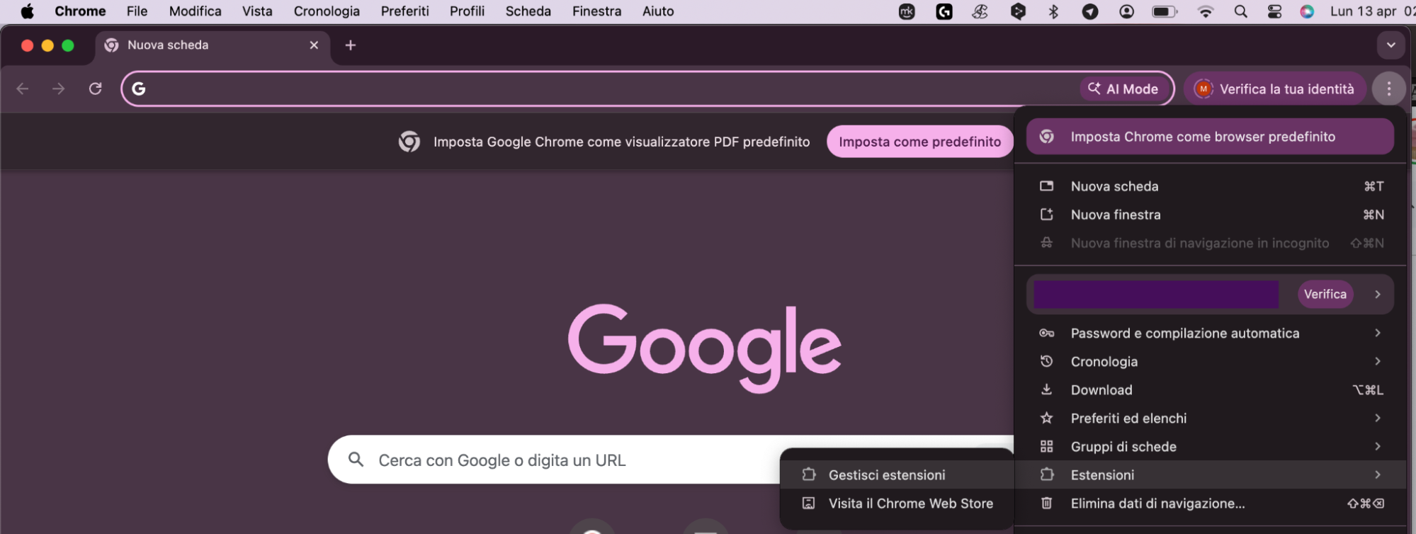 Per disinstallare le estensioni in Chrome sul tuo MacBook, apri le impostazioni del browser facendo clic sull’icona con i tre puntini nell’angolo in alto a destra. Poi vai su Estensioni.
